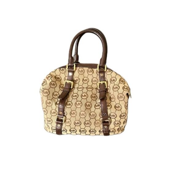 Michael Kors MK Bedford Bowling Bag Satchel Beige Signature Canvas Handbag Purse - Picture 1 of 4